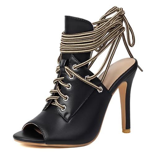 CUTEHEELS Damen Peep-Toe Stiletto-Sandalen | Kreuzbänder | Einkaufen, Partys, Beinverlängerndes Design (Schwarz, 34 EU) von CUTEHEELS