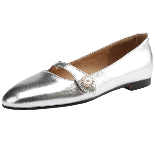 CUTEHEELS Damen Retro Echtleder Slip-On Flache Schuhe mit Runder Spitze (Silber, 41) von CUTEHEELS