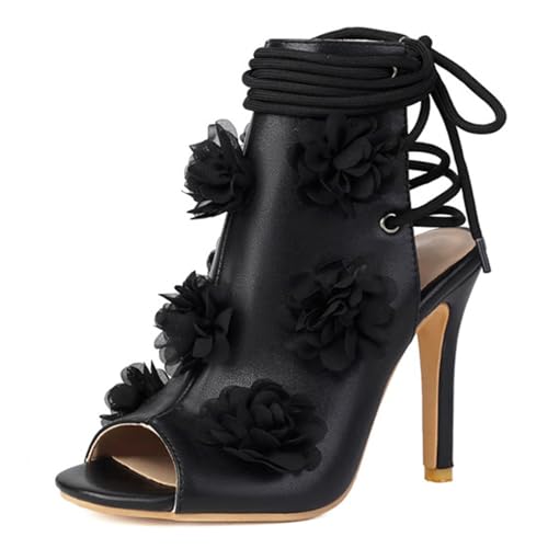 CUTEHEELS Damen Sandaletten mit Blümchendekor und Absatz | Elegante High Heels für Hochzeit, Date (Schwarz, 44 EU) von CUTEHEELS