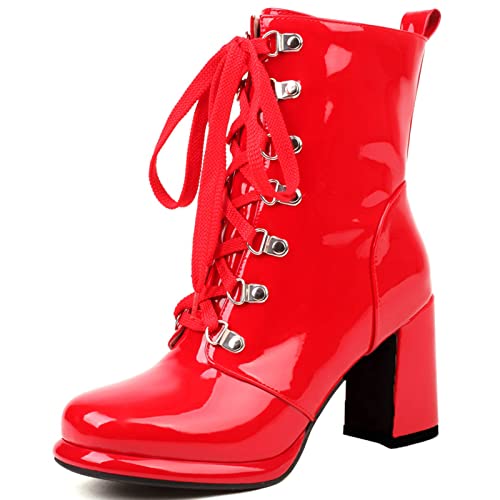 CUTEHEELS Damen Schnürung Combat Ankle Boots mit Blockabsatz und Quadratischer Zehe (Rot,45) von CUTEHEELS