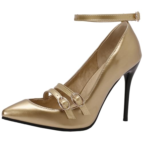 CUTEHEELS Damen Sexy Knöchel Wickelkleid Pumps mit Spitzer Zehenpartie und Stilettos (Gold, 33) von CUTEHEELS