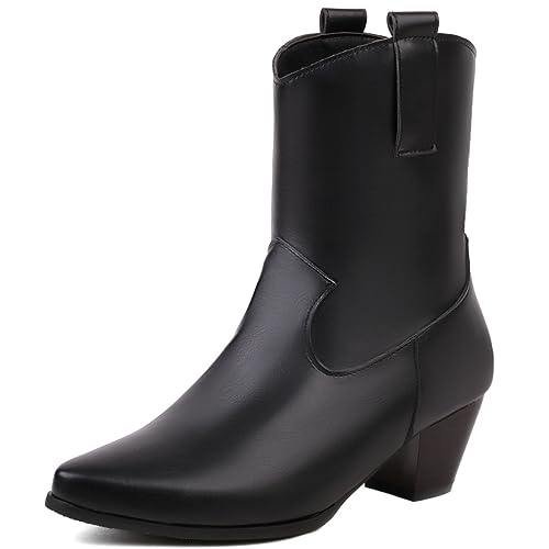 CUTEHEELS Damen Slip-On Cowboy Stiefeletten mit Spitzer Zehenpartie und Blockabsatz (Schwarz, 40) von CUTEHEELS