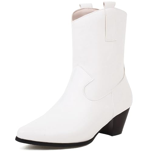 CUTEHEELS Damen Slip-On Cowboy Stiefeletten mit Spitzer Zehenpartie und Blockabsatz (Weiß, 37) von CUTEHEELS