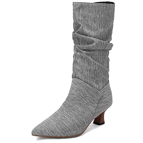 CUTEHEELS Damen Slip-On Mid-Wade Slouch Stiefel mit Kitten Heels und Spitzer Zehenpartie (Grau, 40) von CUTEHEELS