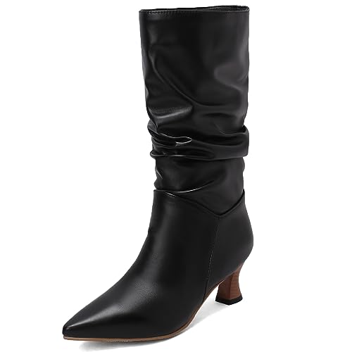 CUTEHEELS Damen Slip-On Mid-Wade Slouch Stiefel mit Kitten Heels und Spitzer Zehenpartie (Pu Schwarz, 40) von CUTEHEELS