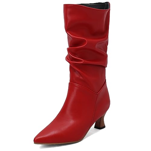 CUTEHEELS Damen Slip-On Mid-Wade Slouch Stiefel mit Kitten Heels und Spitzer Zehenpartie (Rot, 44) von CUTEHEELS