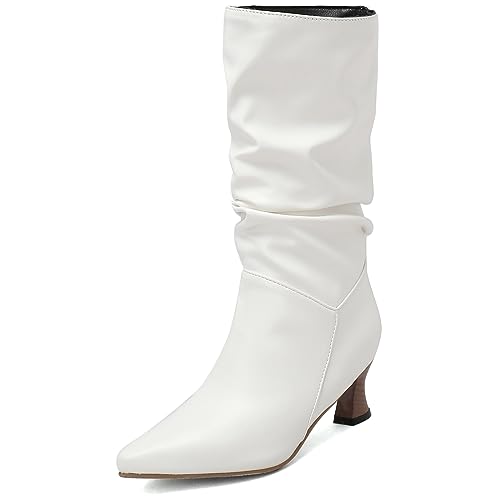 CUTEHEELS Damen Slip-On Mid-Wade Slouch Stiefel mit Kitten Heels und Spitzer Zehenpartie (Weiß, 35) von CUTEHEELS