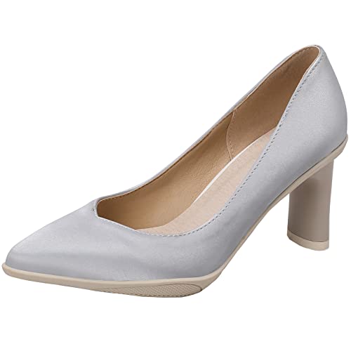 CUTEHEELS Damen Slip-On Pumps mit Blockabsätzen und Spitzen Zehenkleid-Pumps für Party (Silber, 37) von CUTEHEELS