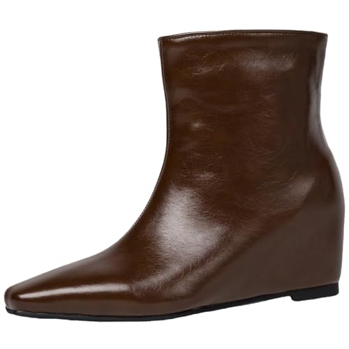 CUTEHEELS Damen Slip-On Stiefeletten mit Keilabsatz und Eckiger Spitze (Braun, 39 EU) von CUTEHEELS