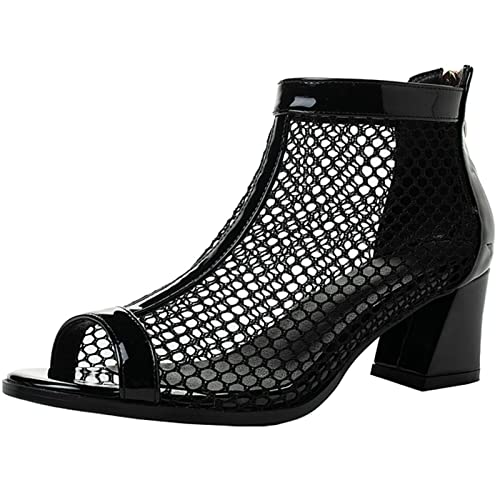 CUTEHEELS Damen Sommer Coole Netz-Stiefeletten mit Peep Toe und Blockabsätzen und Reißverschlüssen Hinten (Schwarz, 52) von CUTEHEELS