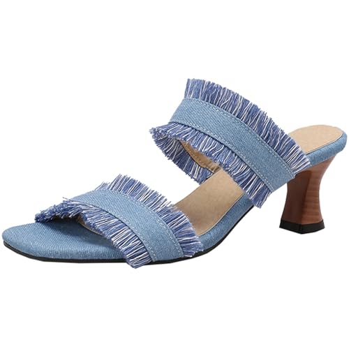 CUTEHEELS Damen Sommer Elegante Sandalen Hausschuhe mit Mittleren Blockabsätzen (Hellblau, 34) von CUTEHEELS