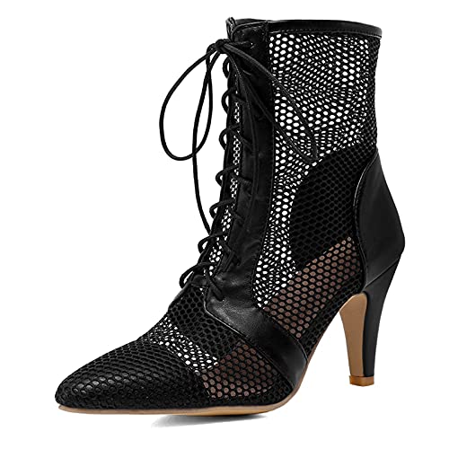 CUTEHEELS Damen Sommer Schnürstiefeletten aus Mesh mit Spitzer Zehenpartie und Kitten Heels (Schwarz,38) von CUTEHEELS