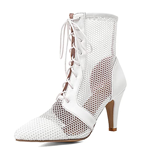 CUTEHEELS Damen Sommer Schnürstiefeletten aus Mesh mit Spitzer Zehenpartie und Kitten Heels (Weiß,41) von CUTEHEELS