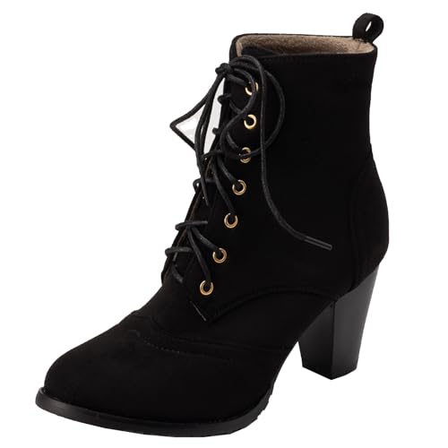 CUTEHEELS Damen Stiefel mit Blockabsatz Schnürsenkel Stiefeletten (Mattschwarz, 33 EU) von CUTEHEELS