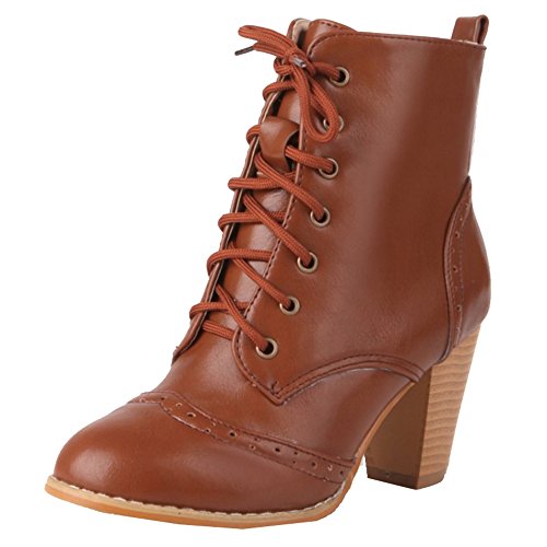 CUTEHEELS Damen Stiefel mit Blockabsatz Schnürsenkel Stiefeletten von CUTEHEELS