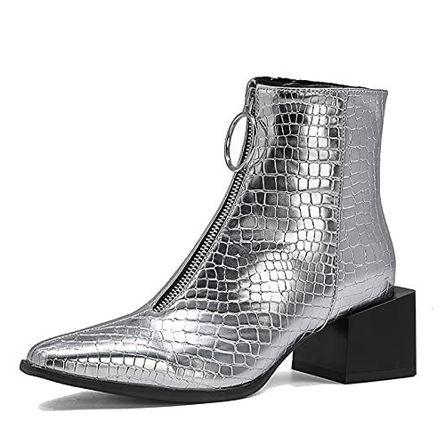 CUTEHEELS Damen Stiefeletten mit Spitzer Zehenpartie und Blockabsatz(Silber,39) von CUTEHEELS