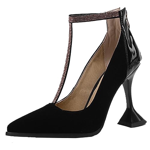 CUTEHEELS Damen T-Strap Kleid Pumps mit Spitzer Zehenpartie und Dünnen Absätzen (Schwarz, 44) von CUTEHEELS