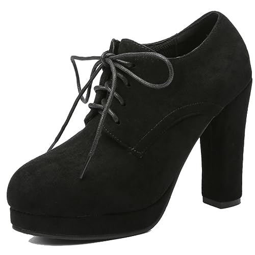 CUTEHEELS Damen Vintage Oxford Pumps mit Schnürung und Niedrigen Plateaus und Hohen Blockabsätzen (Schwarz, 40) von CUTEHEELS