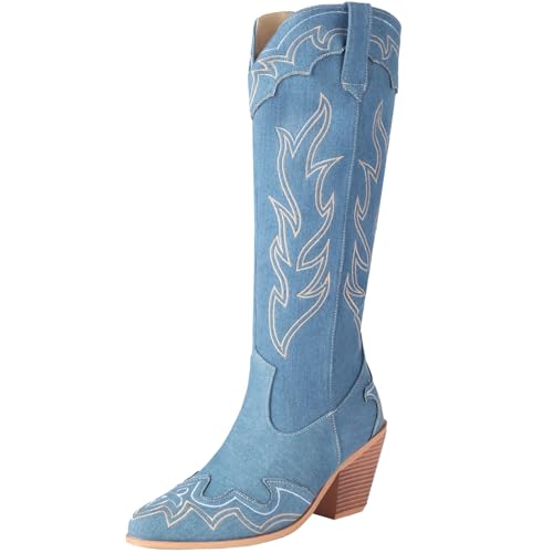 CUTEHEELS Damen Vintage Stickerei Kniehohe Cowboy-/Westernstiefel mit Blockabsätzen (Blau, 36) von CUTEHEELS