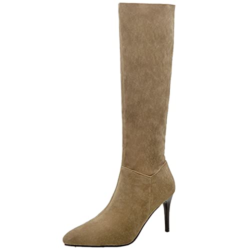 CUTEHEELS Damen Wildleder Kniehohe Stiefel mit Stilettos und Spitzer Zehe (Aprikose, 38) von CUTEHEELS