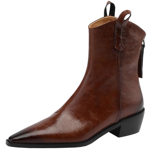 CUTEHEELS Damen Winter Echtleder Stiefeletten mit Spitzer Zehenpartie und Klobigen Absatz/Western Cowboystiefel mit Reißverschluss Hinten (Braun, 37) von CUTEHEELS
