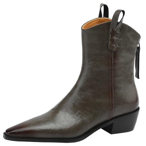 CUTEHEELS Damen Winter Echtleder Stiefeletten mit Spitzer Zehenpartie und Klobigen Absatz/Western Cowboystiefel mit Reißverschluss Hinten (Grau, 38) von CUTEHEELS