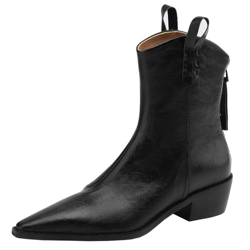 CUTEHEELS Damen Winter Echtleder Stiefeletten mit Spitzer Zehenpartie und Klobigen Absatz/Western Cowboystiefel mit Reißverschluss Hinten (Schwarz, 35) von CUTEHEELS