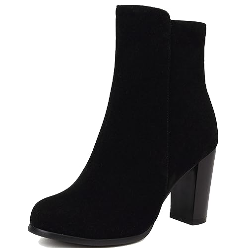 CUTEHEELS Damen Winter Mode Stiefeletten mit Runder Zehenpartie und Blockabsätzen (Schwarz, 44) von CUTEHEELS