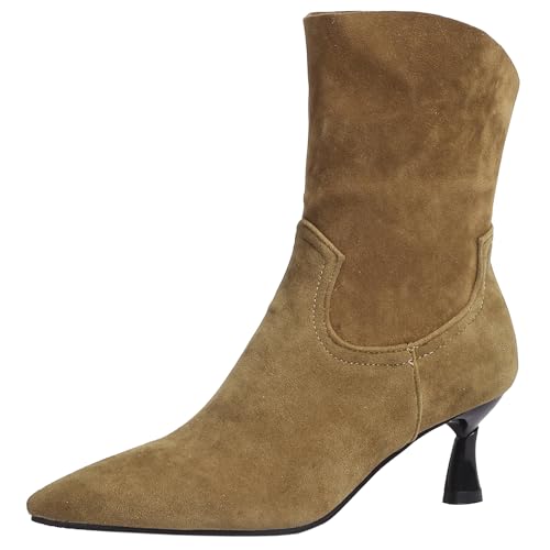 CUTEHEELS Damen Winter Spitz Zulaufende Kurze Stiefel, Kitten Heel Stiefeletten (Khaki, 40) von CUTEHEELS