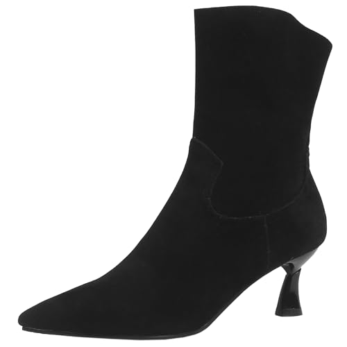 CUTEHEELS Damen Winter Spitz Zulaufende Kurze Stiefel, Kitten Heel Stiefeletten (Schwarz, 38) von CUTEHEELS