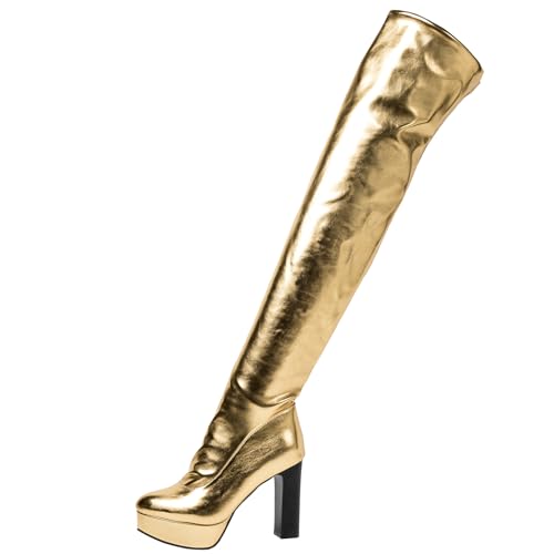 CUTEHEELS Damenmode Plateaus Oberschenkelhohe Stiefel mit Runder Spitze und Hohem Blockabsatz (Gold, 40) von CUTEHEELS