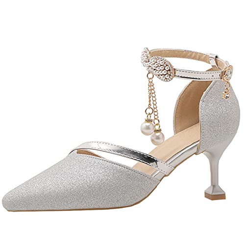 CUTEHEELS Elegante Damen-Sandalen mit Knöchelriemen, Kitten-Heels und Spitzer Zehenpartie für Verabredungen/Hochzeiten (Silber, 43 EU) von CUTEHEELS