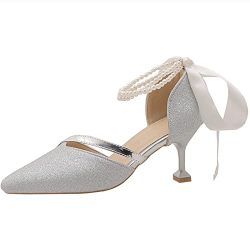 CUTEHEELS Elegante Damen-Sandalen mit Knöchelriemen, Kitten-Heels und Spitzer Zehenpartie für Verabredungen/Hochzeiten (Silber, 43 EU) von CUTEHEELS