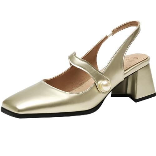 CUTEHEELS Elegante Damen Slingback-Sandalen mit Klobigen Absätzen und Quadratischer Zehenpartie (Gold, 42) von CUTEHEELS