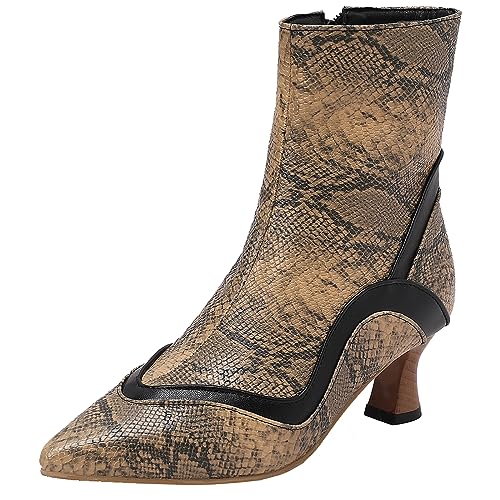 CUTEHEELS Elegante Damen Stiefeletten mit Spitzer Zehenpartie und Kätzchenabsatz und Seitlichem Reißverschluss (Brauner Schlangenprint, 39) von CUTEHEELS