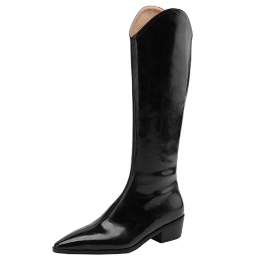 CUTEHEELS Kniehohe Cowboystiefel aus Echtem Leder für Damen mit Spitzer Zehenpartie und Klobigen Absätzen (Schwarz, 36) von CUTEHEELS
