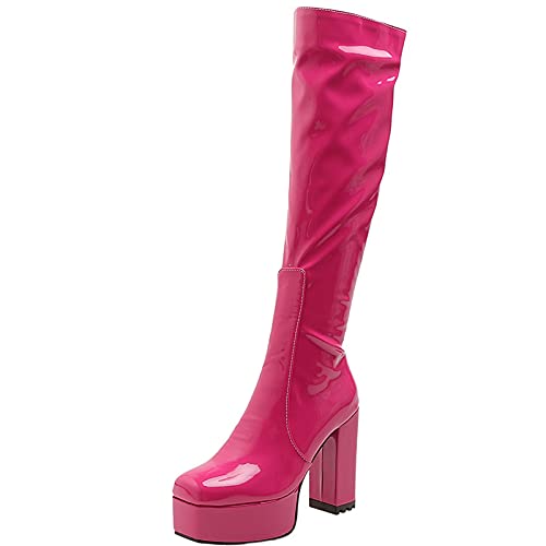 CUTEHEELS Lässige Plateau-Kniehohe Stiefel mit Klobigem Absatz und Eckiger Zehenpartie für Modische Damen (Fuchsie, 40EU) von CUTEHEELS