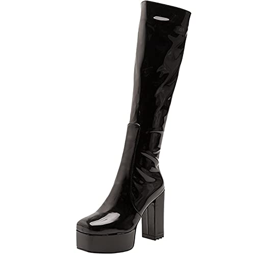CUTEHEELS Lässige Plateau-Kniehohe Stiefel mit Klobigem Absatz und Eckiger Zehenpartie für Modische Damen (Schwarz, 37EU) von CUTEHEELS