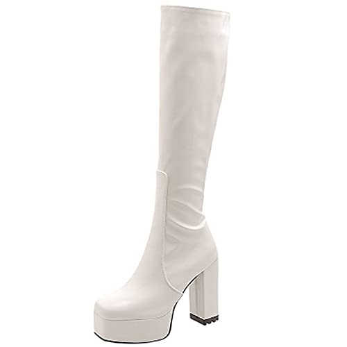 CUTEHEELS Lässige Plateau-Kniehohe Stiefel mit Klobigem Absatz und Eckiger Zehenpartie für Modische Damen (Weiß, 39EU) von CUTEHEELS