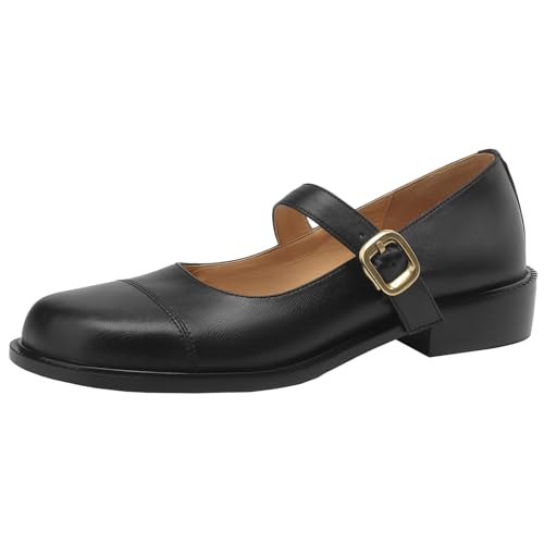 CUTEHEELS Mary Janes aus Rindsleder für Damen mit Runder Zehenpartie und Niedrigen, Klobigen Absätzen (Schwarz, 35) von CUTEHEELS