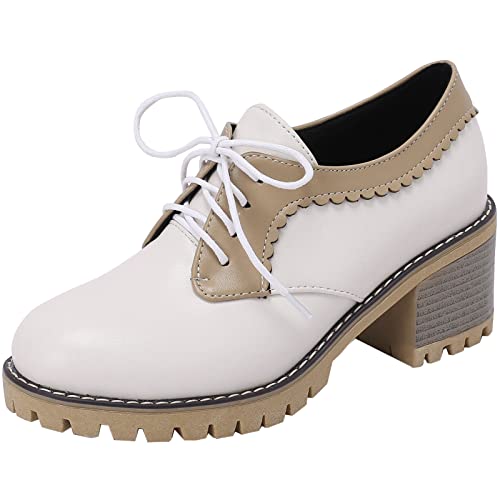 CUTEHEELS Oxford-Schnürschuhe für Damen mit Runder Kappe und Mittigen Chunky Heels (Beige, 42) von CUTEHEELS