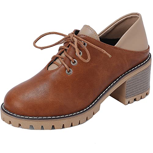 CUTEHEELS Oxford-Schnürschuhe für Damen mit Runder Kappe und Mittigen Chunky Heels (Braun, 34) von CUTEHEELS