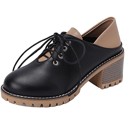 CUTEHEELS Oxford-Schnürschuhe für Damen mit Runder Kappe und Mittigen Chunky Heels (Schwarz, 40) von CUTEHEELS