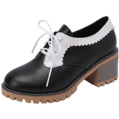 CUTEHEELS Oxford-Schnürschuhe für Damen mit Runder Kappe und Mittigen Chunky Heels (Schwarz, 42) von CUTEHEELS