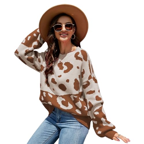 CUTEHEELS Strickpullover mit Rundhalsausschnitt und Leopardenmuster für Damen von CUTEHEELS