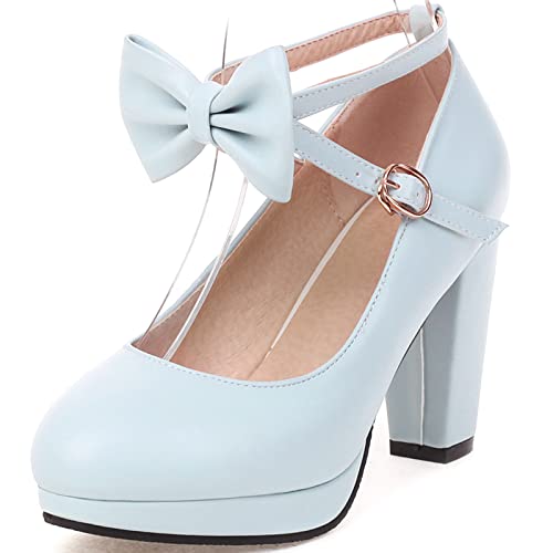 CUTEHEELS Süße Pumps mit Kreuzriemen, Schleife und Blockabsatz für Damen (Hellblau, 38) von CUTEHEELS