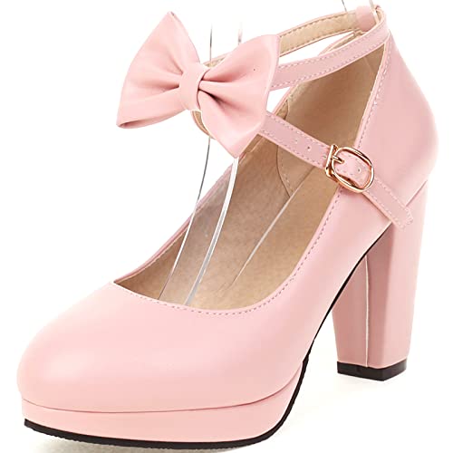 CUTEHEELS Süße Pumps mit Kreuzriemen, Schleife und Blockabsatz für Damen (Rosa, 45) von CUTEHEELS