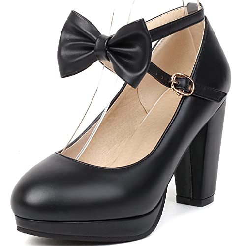 CUTEHEELS Süße Pumps mit Kreuzriemen, Schleife und Blockabsatz für Damen (Schwarz, 38) von CUTEHEELS