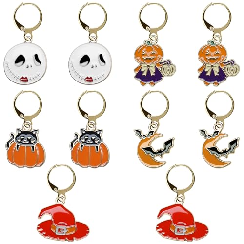 CUTELIILI Halloween-Ohrringe für Damen, Fledermaus-Hexe, Katze, Ohrring-Set, Kürbis, weißes Lächeln, baumelnder Ohrring, Halloween-Schmuck, Zubehör, Kostüme (5 Sets) von CUTELIILI