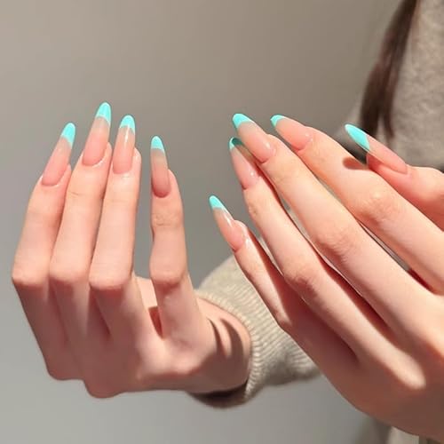 Blaue French Tip Press on Nails Medium Long Almond Pure Handmade Fake Nails Nude Pink French Tip Falsche Nägel Acryl Wiederverwendbar Stick on Nail Full Cover für Frauen Mädchen 10pcs (M, Blau) von CUTENS